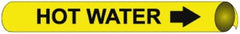 NMC - Pipe Marker with Hot Water Legend and Arrow Graphic - 3-3/8 to 4-1/2" Pipe Outside Diam, Black on Yellow - Top Tool & Supply