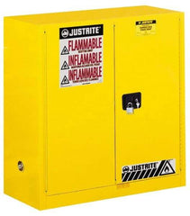 Justrite - 2 Door, 1 Shelf, Yellow Steel Standard Safety Cabinet for Flammable and Combustible Liquids - 44" High x 43" Wide x 18" Deep, Manual Closing Door, 3 Point Key Lock, 30 Gal Capacity - Top Tool & Supply