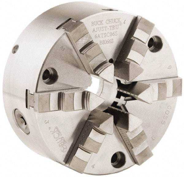 Buck Chuck Company - 6 Jaws, 10" Diam, Self Centering Manual Lathe Chuck - Front Mount, Adjustable, 2,600 Max RPM, 3.23" Through Hole Diam, Forged Steel - Top Tool & Supply