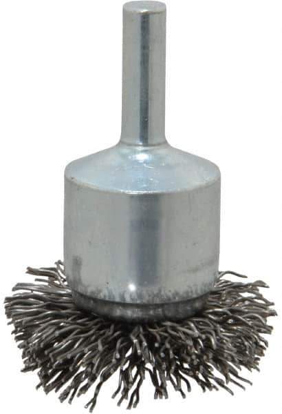 Weiler - 1-1/2" Brush Diam, Crimped, Flared End Brush - 1/4" Diam Shank, 20,000 Max RPM - Top Tool & Supply