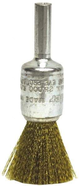 Weiler - 5" Diam, 5/8-11 Threaded Arbor, Brass Fill Cup Brush - 0.014 Wire Diam, 1-1/4" Trim Length, 8,000 Max RPM - Top Tool & Supply