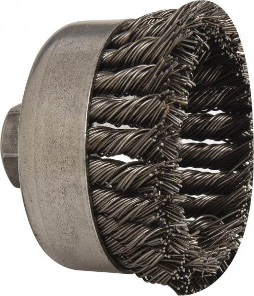 Weiler - 4" Diam, 5/8-11 Threaded Arbor, Steel Fill Cup Brush - 0.035 Wire Diam, 1-1/4" Trim Length, 9,000 Max RPM - Top Tool & Supply