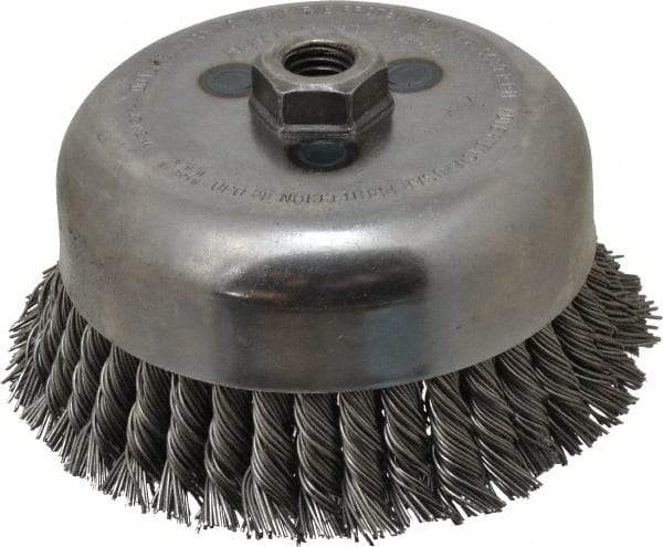 Weiler - 6" Diam, 5/8-11 Threaded Arbor, Steel Fill Cup Brush - 0.035 Wire Diam, 1-3/8" Trim Length, 6,600 Max RPM - Top Tool & Supply