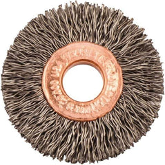 Weiler - 1-1/2" OD, 3/8" Arbor Hole, Crimped Steel Wheel Brush - 1/4" Face Width, 7/16" Trim Length, 0.014" Filament Diam, 20,000 RPM - Top Tool & Supply