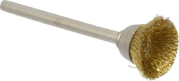 Weiler - 5/8" Diam, 1/8" Shank Crimped Wire Brass Cup Brush - 0.005" Filament Diam, 1/4" Trim Length, 37,000 Max RPM - Top Tool & Supply