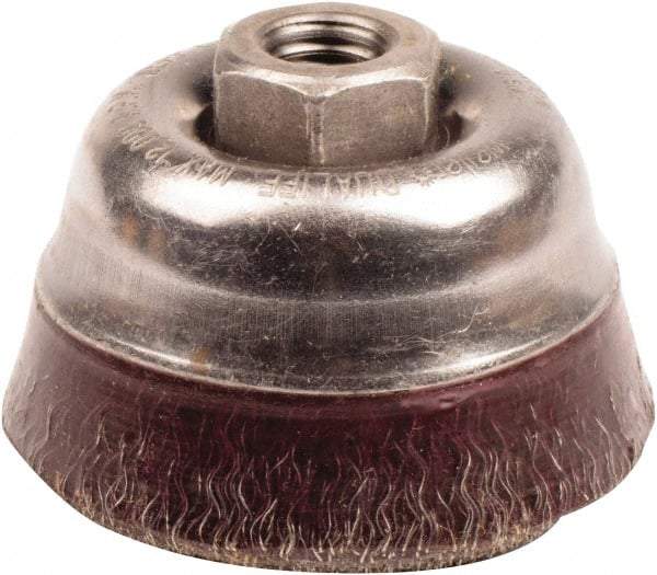 Weiler - 3-1/2" Diam, 5/8-11 Threaded Arbor, Steel Fill Cup Brush - 0.014 Wire Diam, 7/8" Trim Length, 12,000 Max RPM - Top Tool & Supply
