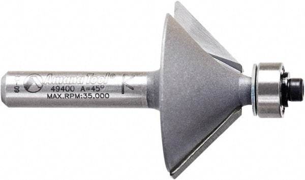 Amana Tool - 1-1/4" Cut Diam, 1/2" Length of Cut, 2 Flute Chamfer Edge Profile Router Bit - Carbide-Tipped, 1/4" Shank Diam, 2" OAL, Uncoated - Top Tool & Supply