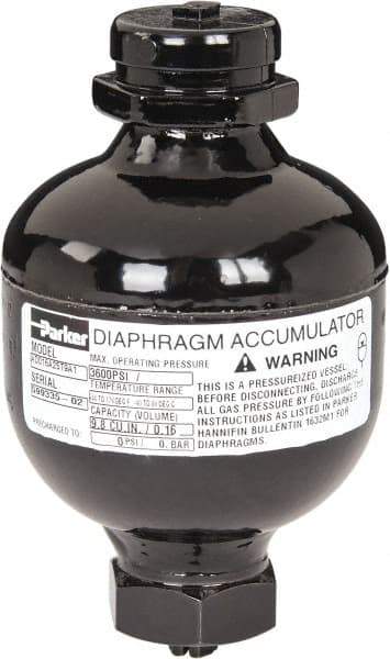 Parker - 10 Lb. Capacity, 3,620 psi Max Working Pressure, 4.69" High, Hydrin Diaphragm Accumulator - 2.95" Diam, 6 SAE Port Thread - Top Tool & Supply