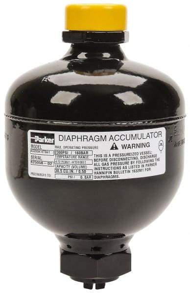 Parker - 30 Lb. Capacity, 3,045 psi Max Working Pressure, 5.94" High, Hydrin Diaphragm Accumulator - 4.2" Diam, 8 SAE Port Thread - Top Tool & Supply