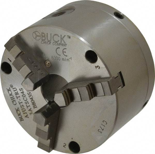 Buck Chuck Company - 3 Jaws, 4" Diam, Self Centering Manual Lathe Chuck - Front Mount, Adjustable, 6,300 Max RPM, 1.04" Through Hole Diam, Forged Steel - Top Tool & Supply