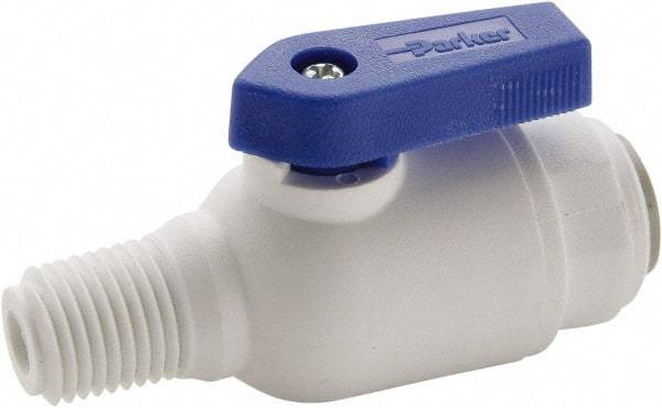 Parker - 3/8" Pipe, Full Port, Polypropylene Valve Male Connector Ball Valve - Bi-Directional, MNPT x Push-to-Connect Ends, Wedge Handle, 150 WOG - Top Tool & Supply