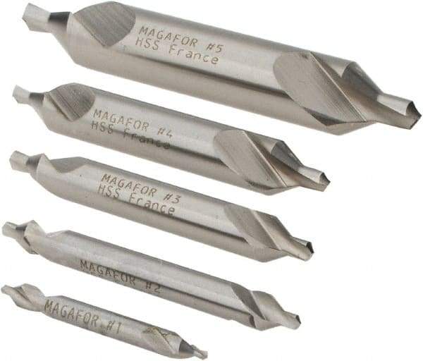 Magafor - 5 Piece, #1 to 5, 1/8 to 7/16" Body Diam, 3/64 to 3/16" Point Diam, Plain Edge, High Speed Steel Combo Drill & Countersink Set - 60° Incl Angle, 0.067 to 0.256" Point Length, 1/8 to 2-3/4" OAL, Double End, 115 Series Compatibility - Top Tool & Supply