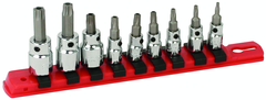 1/4" Drive: T10s; T15s; T20s; T27s; T30s and 3/8" T40s (1/4" Bit) and 3/8" T45s; T50s (5/16" Bit) on rail - Square Drive Replaceable Bit - Security Torx Bit Socket Set - Top Tool & Supply