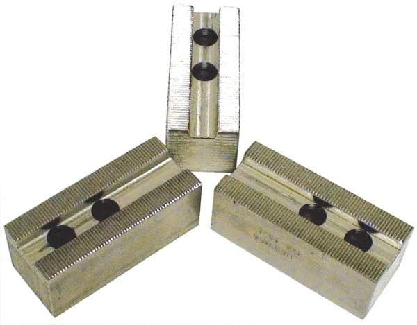 H & R Manufacturing - 1.5mm x 60° Serrated Attachment, Square Soft Lathe Chuck Jaw - 3 Jaws, Aluminum, 1.69" Btw Mount Hole Ctrs, 6-1/2" Long x 2-1/2" Wide x 5" High, 1" Groove, 20mm Fastener - Top Tool & Supply