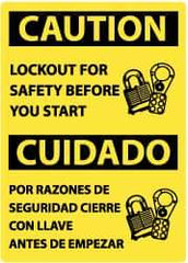 NMC - "Caution - Lockout for Safety Before You Start", 14" Long x 10" Wide, Rigid Plastic Safety Sign - Rectangle, 0.05" Thick, Use for Accident Prevention - Top Tool & Supply