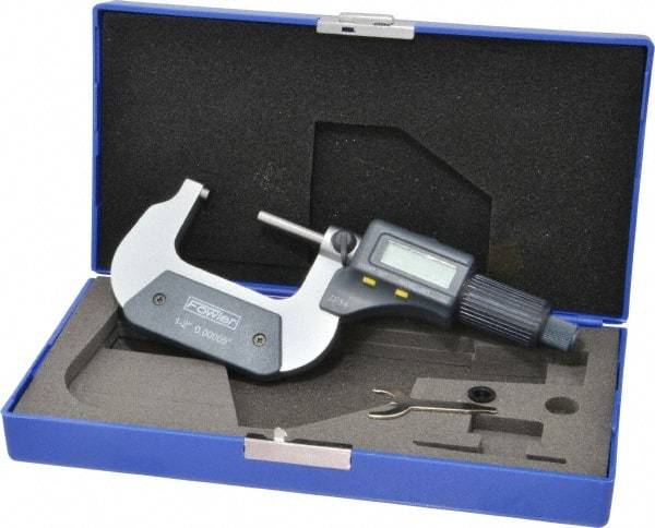 Fowler - 1 to 2 Inch Range, 0.0001 Inch Resolution, Standard Throat, IP54 Electronic Outside Micrometer - 0.0001 Inch Accuracy, Friction Thimble, 357 Battery, Data Output, Includes Case and Wrench - Top Tool & Supply