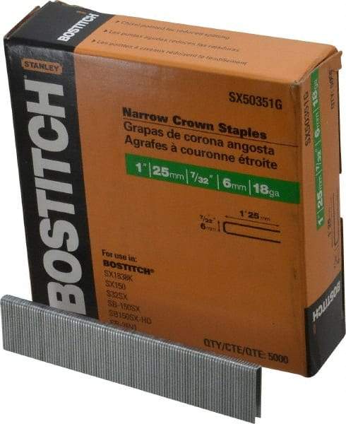 Stanley Bostitch - 1" Long x 7/32" Wide, 18 Gauge Crowned Construction Staple - Steel, Galvanized Finish - Top Tool & Supply