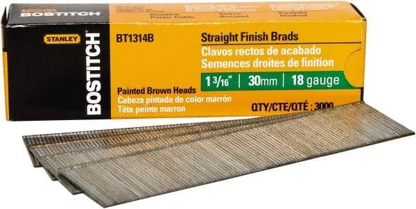 Stanley Bostitch - 18 Gauge 0.05" Shank Diam 1-3/16" Long Brad Nails for Power Nailers - Steel, Bright Finish, Ring Shank, Straight Stick Adhesive Collation, Brad Head, Chisel Point - Top Tool & Supply