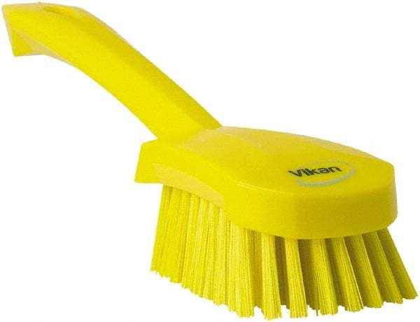 Vikan - 1.3" Bristle Length, Polyester Scrub Brush - 4-1/4" Long x 2-3/4" Wide Head, 10" OAL, Yellow, Polypropylene Block - Top Tool & Supply