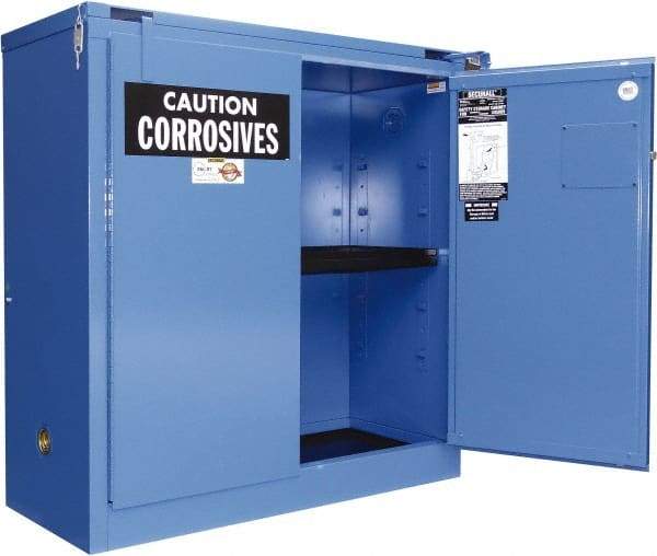 Securall Cabinets - 2 Door, 2 Shelf, Blue Steel Standard Safety Cabinet for Corrosive Chemicals - 67" High x 43" Wide x 18" Deep, Self Closing Door, 3 Point Key Lock, 45 Gal Capacity - Top Tool & Supply