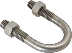 Made in USA - 3/8-16 UNC, 2-1/4" Long, Round U Bolt Clamp with No Mount Plate for 3/4" Pipe - 1-1/4" Thread Length, 1-1/4" Wide, Grade 304 Stainless Steel - Top Tool & Supply