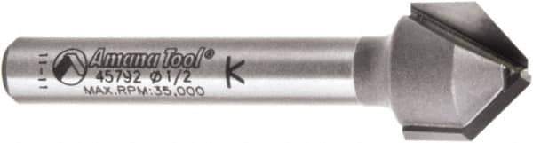 Amana Tool - 1/2" Cut Diam, 3/8" Length of Cut, 2 Flute V-Groove Edge Profile Router Bit - Carbide-Tipped, 1/4" Shank Diam, 2" OAL, Uncoated - Top Tool & Supply