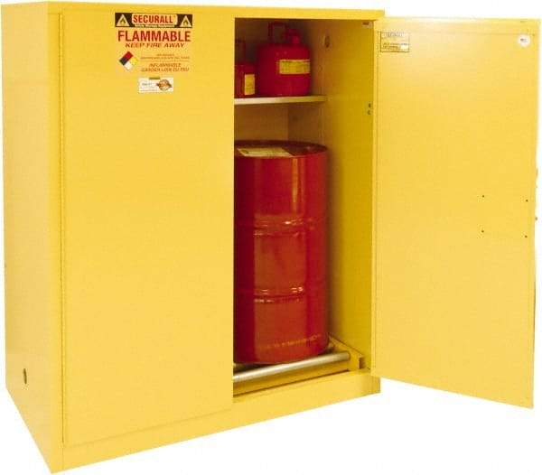 Securall Cabinets - 56" Wide x 31" Deep x 65" High, 18 Gauge Steel Vertical Drum Cabinet with 3 Point Key Lock - Yellow, Manual Closing Door, 1 Shelf, 2 Drums, Drum Rollers Included - Top Tool & Supply