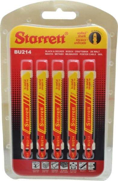 Starrett - 3" Long, 14 Teeth per Inch, Bi-Metal Jig Saw Blade - Toothed Edge, 5/16" Wide x 0.04" Thick, U-Shank, Wavy Tooth Set - Top Tool & Supply