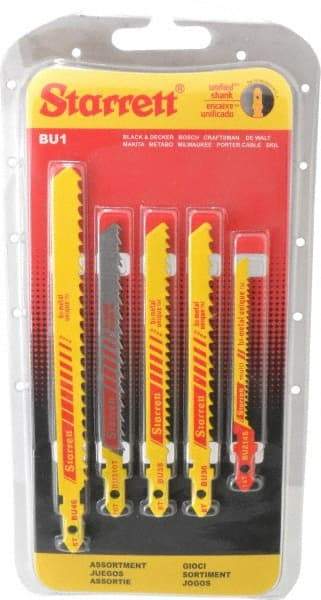 Starrett - 5 Piece, 3" to 5" Long, 6 to 14 Teeth per Inch, Bi-Metal Jig Saw Blade Set - Toothed Edge, 3/16" to 3/8" Wide, 0.04" to 0.05" Thick, U-Shank - Top Tool & Supply