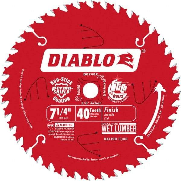 Freud - 7-1/4" Diam, 5/8" Arbor Hole Diam, 40 Tooth Wet & Dry Cut Saw Blade - Carbide-Tipped, Standard Round Arbor - Top Tool & Supply