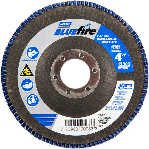 ‎4-1/2 × 7/8″ BlueFire Fiberglass HD Flat Flap Disc Type 27 P60 Grit R884P1 Zirconia Alumina - Top Tool & Supply