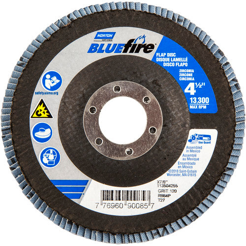 ‎4-1/2 × 7/8″ BlueFire Fiberglass HD Flat Flap Disc Type 27 P120 Grit R884P2 Zirconia Alumina - Top Tool & Supply