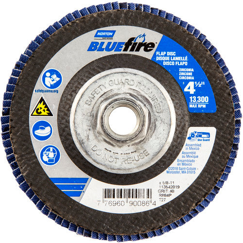 ‎4-1/2 × 5/8 - 11″ BlueFire Fiberglass HD Flat Flap Disc Type 27 P40 Grit R884P1 Zirconia Alumina - Top Tool & Supply