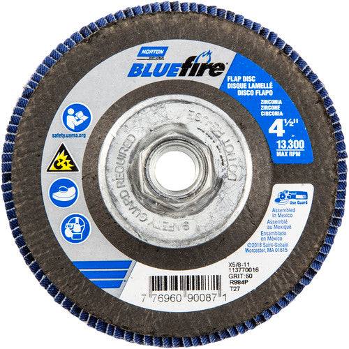 ‎4-1/2 × 5/8 - 11″ BlueFire Fiberglass HD Flat Flap Disc Type 27 P60 Grit R884P1 Zirconia Alumina - Top Tool & Supply