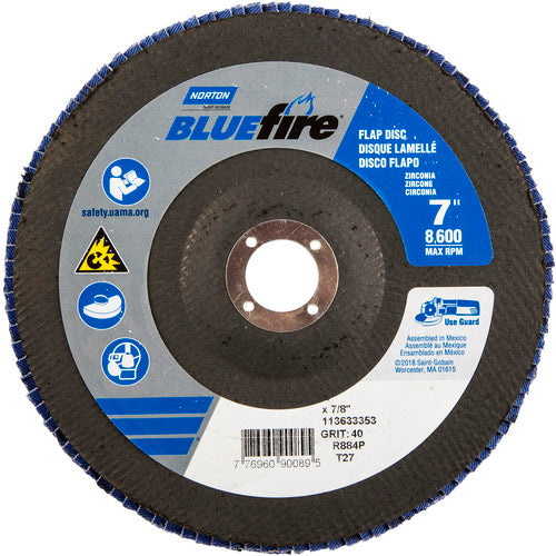 7 × 7/8″ BlueFire Fiberglass HD Flat Flap Disc Type 27 P40 Grit R884P1 Zirconia Alumina - Top Tool & Supply