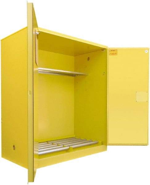 Securall Cabinets - 56" Wide x 31" Deep x 65" High, 18 Gauge Steel Vertical Drum Cabinet with 3 Point Key Lock - Yellow, Manual Closing Door, 1 Shelf, 2 Drums, Drum Rollers Included - Top Tool & Supply