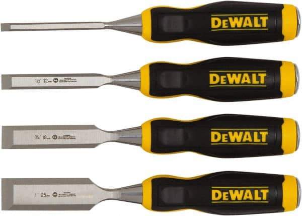 DeWALT - 4 Piece Wood Chisel Set - 11-29/32" OAL, High-impact Polypropylene & Rubber, Sizes Included 1/4 to 1" - Top Tool & Supply