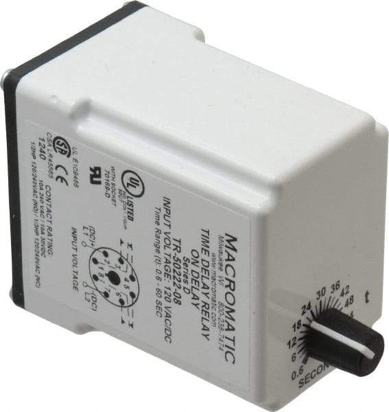 Macromatic - 8 Pin, Multiple Range DPDT Time Delay Relay - 10 Contact Amp, 120 VAC/VDC, Knob - Top Tool & Supply