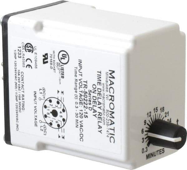 Macromatic - 8 Pin, 0.3 to 30 min Delay, Multiple Range DPDT Time Delay Relay - 10 Contact Amp, 120 VAC/VDC, Knob - Top Tool & Supply