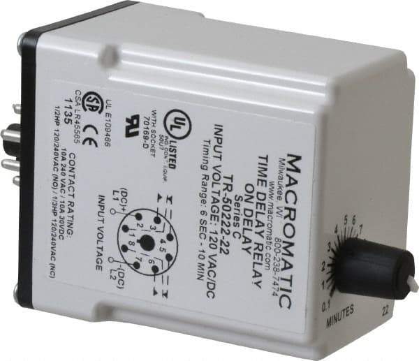 Macromatic - 8 Pin, 10 min Delay, Multiple Range DPDT Time Delay Relay - 10 Contact Amp, 120 VAC/VDC, Knob - Top Tool & Supply