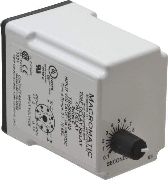 Macromatic - 8 Pin, Multiple Range DPDT Time Delay Relay - 10 Contact Amp, 24 VAC/VDC, Knob - Top Tool & Supply