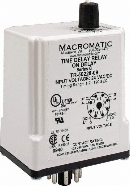 Macromatic - 8 Pin, Multiple Range DPDT Time Delay Relay - 10 Contact Amp, 24 VAC/VDC, Knob - Top Tool & Supply