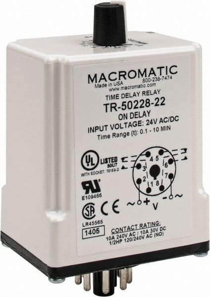 Macromatic - 8 Pin, 10 min Delay, Multiple Range DPDT Time Delay Relay - 10 Contact Amp, 24 VAC/VDC, Knob - Top Tool & Supply