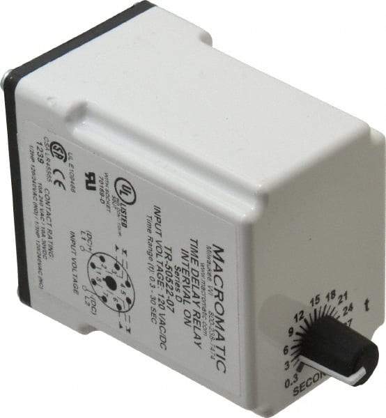 Macromatic - 8 Pin, Multiple Range DPDT Time Delay Relay - 10 Contact Amp, 120 VAC/VDC, Knob - Top Tool & Supply