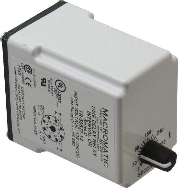 Macromatic - 8 Pin, Multiple Range DPDT Time Delay Relay - 10 Contact Amp, 120 VAC/VDC, Knob - Top Tool & Supply