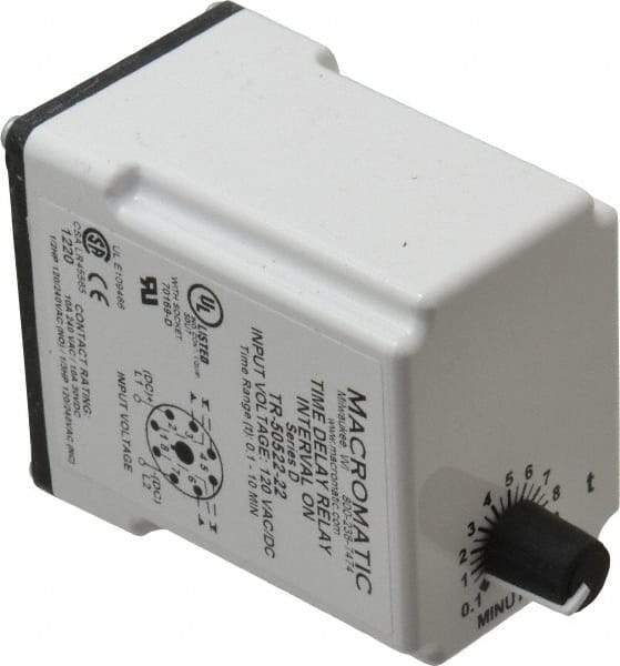 Macromatic - 8 Pin, 10 min Delay, Multiple Range DPDT Time Delay Relay - 10 Contact Amp, 120 VAC/VDC, Knob - Top Tool & Supply