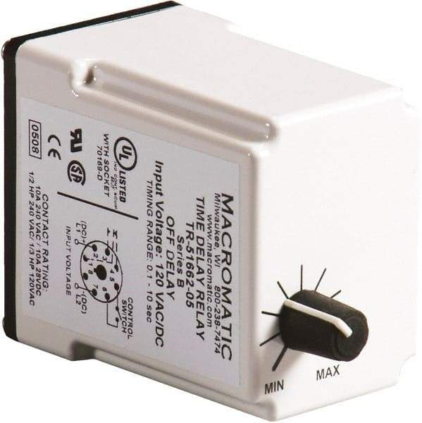 Macromatic - 11 Pin, 0.3 to 30 min Delay, Multiple Range DPDT Time Delay Relay - 10 Contact Amp, 120 VAC/VDC, Knob - Top Tool & Supply