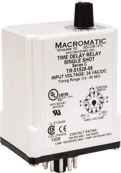 Macromatic - 11 Pin, Multiple Range DPDT Time Delay Relay - 10 Contact Amp, 24 VAC/VDC, Knob - Top Tool & Supply