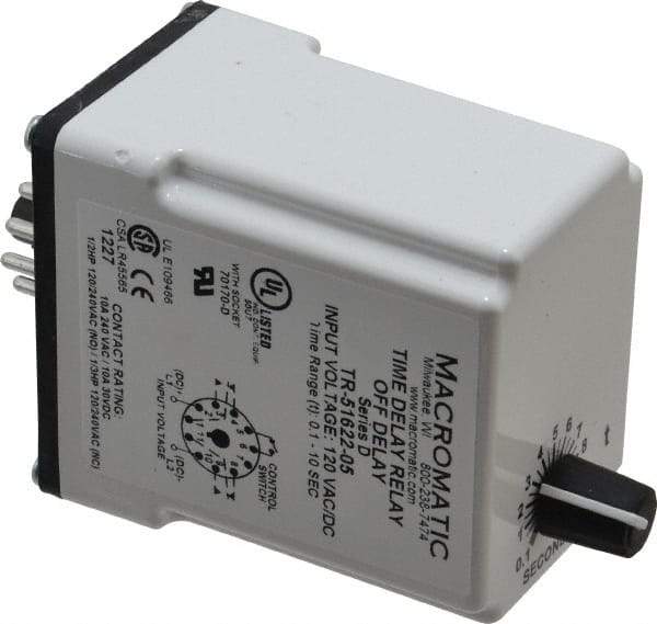 Macromatic - 11 Pin, Multiple Range DPDT Time Delay Relay - 10 Contact Amp, 120 VAC/VDC, Knob - Top Tool & Supply