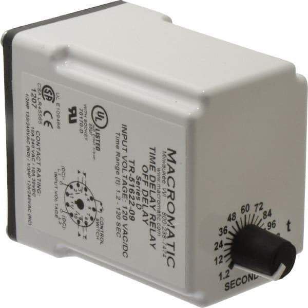 Macromatic - 11 Pin, Multiple Range DPDT Time Delay Relay - 10 Contact Amp, 120 VAC/VDC, Knob - Top Tool & Supply